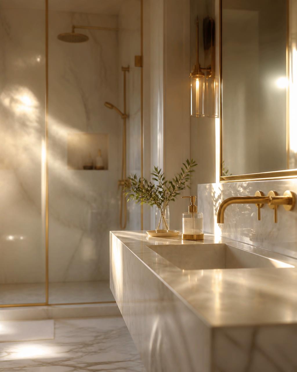 Luxury bathroom with brass fixtures and soft natural light